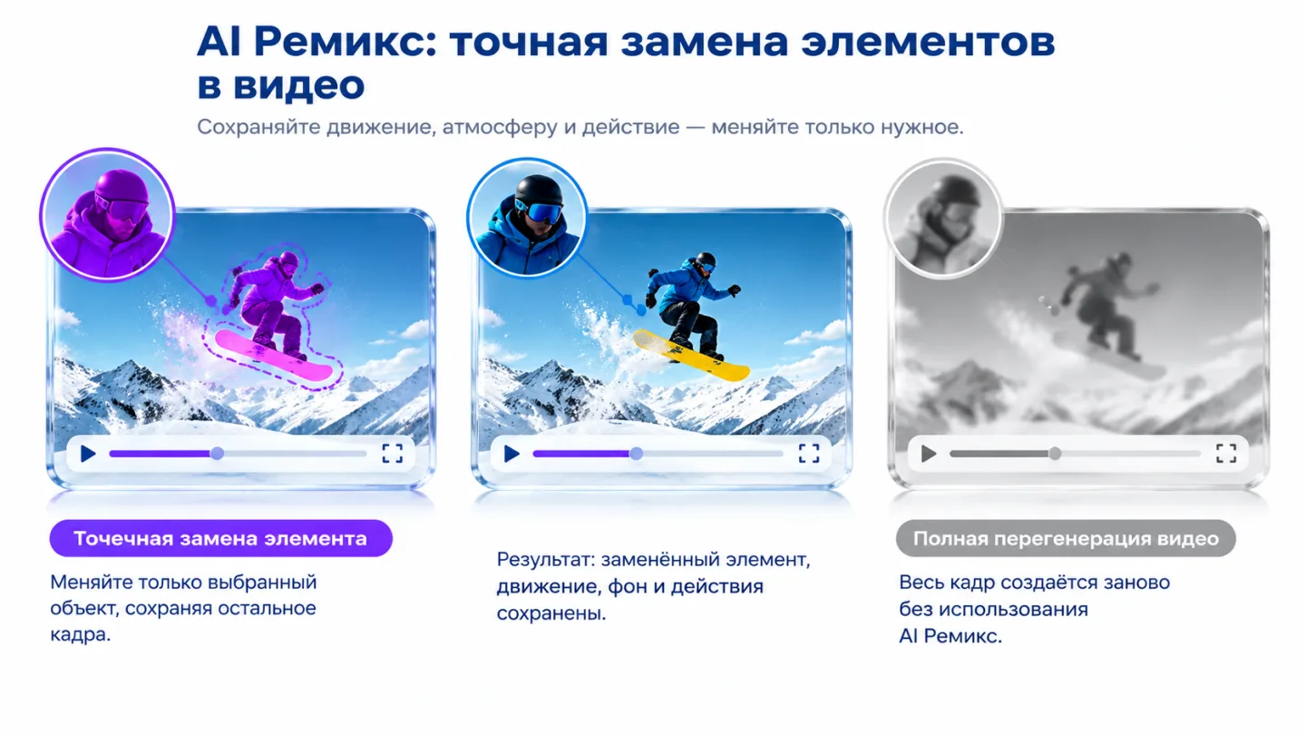 type=diagram | about=точечная замена элемента видео с сохранением остального кадра в AI Ремикс | layout=comparison | labels=Точечная замена элемента; Полная перегенерация видео | structure=слева кадр
