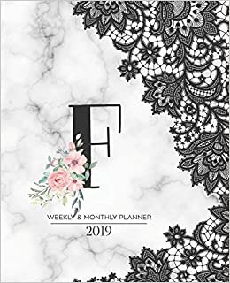 okumak Weekly &amp; Monthly Planner 2019: Black Lace Monogram Letter F Marble with Pink Flowers (7.5 x 9.25”) Vertical AT A GLANCE Personalized Planner for Women Moms Girls and School
