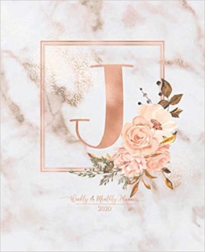 okumak Weekly &amp; Monthly Planner 2020 J: Pink Marble Rose Gold Monogram Letter J with Pink Flowers (7.5 x 9.25 in) Horizontal at a glance Personalized Planner for Women Moms Girls and School