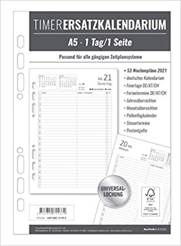 okumak Timer Ersatzkalendarium A5 2021 - Bürokalender - Buchkalender A5 (15x21 cm) - Universallochung - 1 Tag 1 Seite - 352 Seiten - Alpha Edition