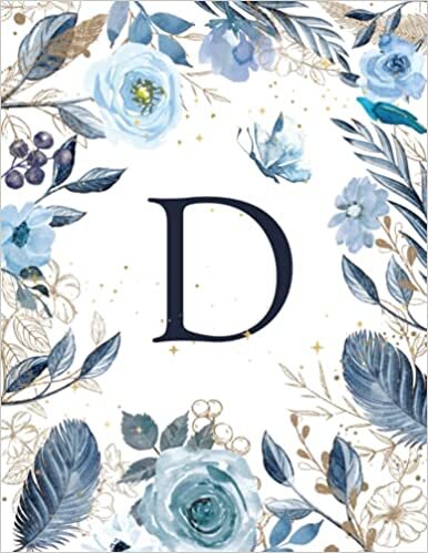 okumak D: Cute Initial D Stationery, Dusty Blue and Navy Floral Desktop Size Notebook for Women (Blue Initial Letter Notebook)