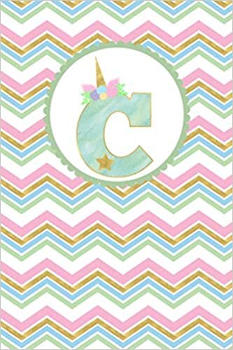 okumak Unicorn Monogram Journal - Letter C: Mint Green Letter with a Unicorn Horn and Flowers Accent on Bright Colored Zigzag Stripe Background