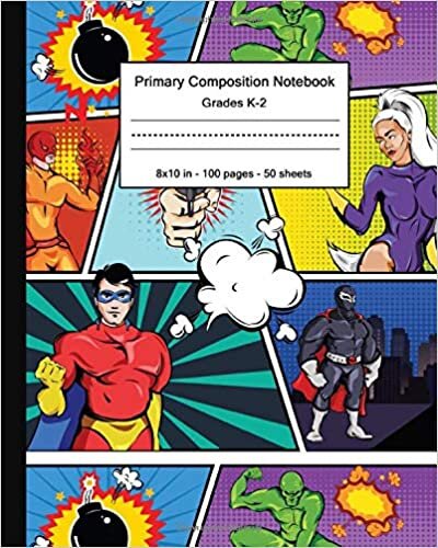 okumak Primary Composition Notebook: Awesome Handwriting Notebook with Dashed Mid-line and Story Paper Journal | Grades K-2, 100 Story Pages | Cool Comic Superhero Print for Boys &amp; Girls