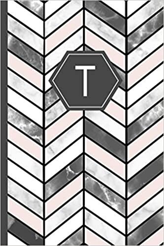 okumak T: Stylish Chevron Letter T Monogram, Pink Grey &amp; White Marble Journal 6x9 inch blank lined college ruled Notebook 120 page perfect bound Glossy Soft Cover Diary