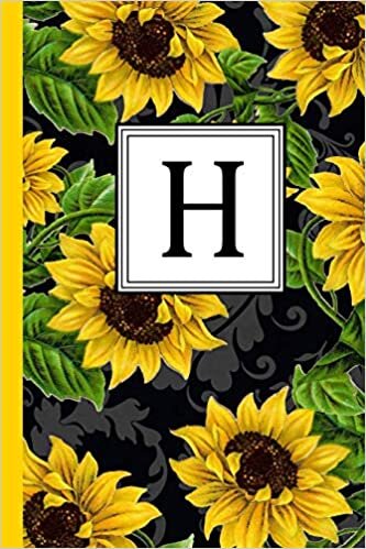 okumak H: Floral Letter H Monogram personalized Journal, Black &amp; Yellow Sunflower pattern Monogrammed Notebook, Lined 6x9 inch College Ruled 120 page perfect bound Glossy Soft Cover