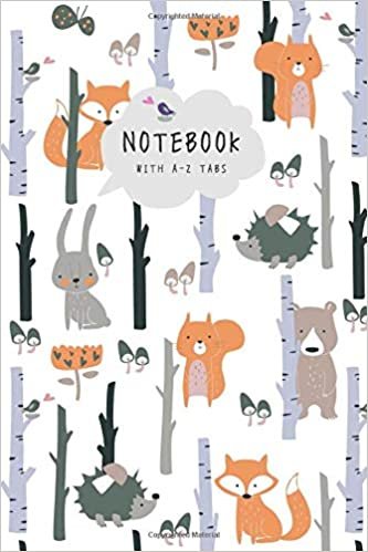 okumak Notebook with A-Z Tabs: 6x9 Lined-Journal Organizer Medium with Alphabetical Sections Printed | Hedgehog Fox Bear Bunny Design White