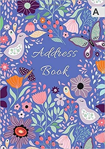 okumak Address Book: A5 Medium Contact Notebook Organizer with A-Z Alphabetical Sections | Cute Floral Bird Butterfly Design Blue