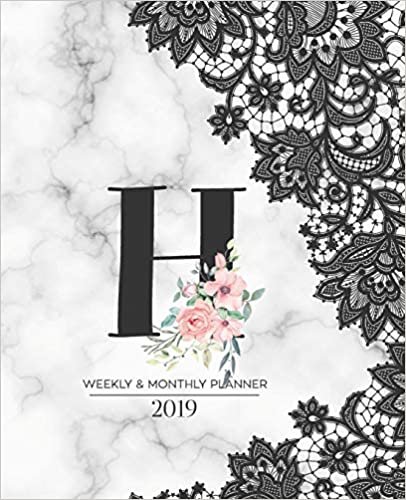 okumak Weekly &amp; Monthly Planner 2019: Black Lace Monogram Letter H Marble with Pink Flowers (7.5 x 9.25”) Horizontal AT A GLANCE Personalized Planner for Women Moms Girls and School