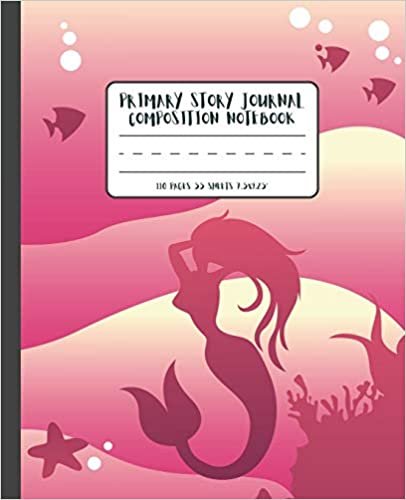 okumak Primary Story Journal Composition Notebook: Grades K-2 Dashed Midline and Picture Space Journal: Mermaid Silhouette Pink Purple Sea