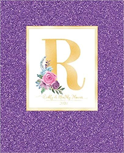okumak Weekly &amp; Monthly Planner 2020 R: Purple Faux Glitter Gold Monogram Letter R with Pink Flowers (7.5 x 9.25 in) Horizontal at a glance Personalized Planner for Women Moms Girls and School