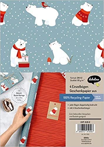 okumak Geschenkpapier Set Weihnachten: Eisbär (für Kinder): 4x doppelseitige Einzelbögen + 4x Geschenkanhänger