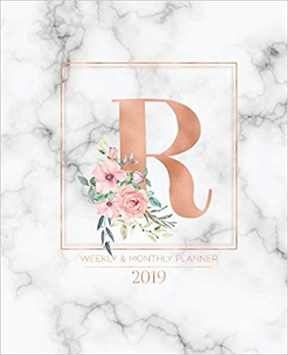 okumak Weekly &amp; Monthly Planner 2019: Rose Gold Monogram Letter R Marble with Pink Flowers (7.5 x 9.25”) Vertical at a glance Personalized Planner for Women Moms Girls and School