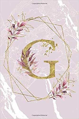 okumak G: Monogram Floral College Ruled Notebook, Pink Leaves Gold Framed Initial on a Purple Marble Background