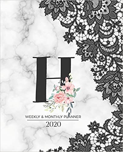 okumak Weekly &amp; Monthly Planner 2020 H: Black Lace Marble Monogram Letter H with Pink Flowers (7.5 x 9.25 in) Horizontal at a glance Personalized Planner for Women Moms Girls and School
