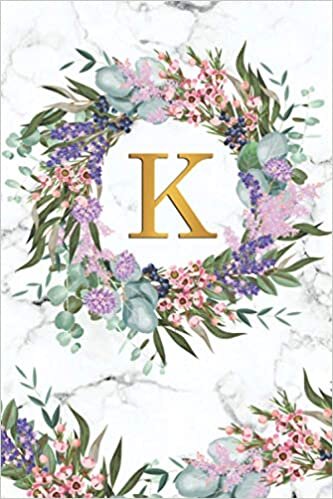 okumak K: Monogram Letter K College Ruled Blank Notebook | Personal Initial Letter Medium Lined Journal | Grey Marble &amp; Wild Flowers