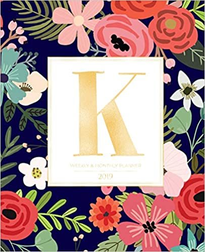 okumak Weekly &amp; Monthly Planner 2019: Navy Florals with Red and Colorful Flowers and Gold Monogram Letter K (7.5 x 9.25”) Vertical AT A GLANCE Personalized Planner for Women Moms Girls and School
