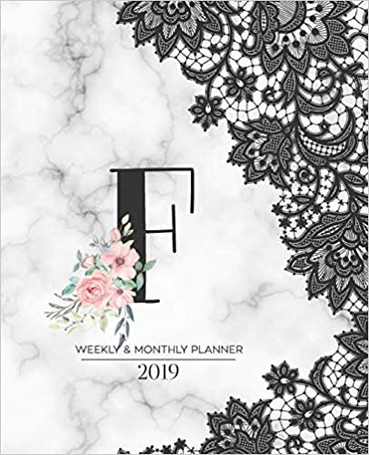 okumak Weekly &amp; Monthly Planner 2019: Black Lace Monogram Letter F Marble with Pink Flowers (7.5 x 9.25”) Horizontal AT A GLANCE Personalized Planner for Women Moms Girls and School