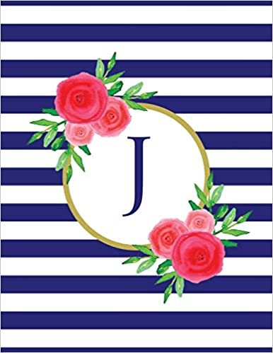 okumak Navy and White Striped Coral Floral Monogram Journal with Letter J