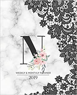 okumak Weekly &amp; Monthly Planner 2019: Black Lace Monogram Letter N Marble with Pink Flowers (7.5 x 9.25”) Horizontal AT A GLANCE Personalized Planner for Women Moms Girls and School