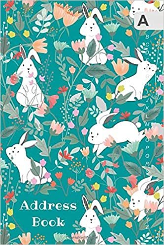 okumak Address Book: 4x6 Mini Contact Notebook Organizer | A-Z Alphabetical Sections | Cute Bunnies in Flower Garden Design Teal