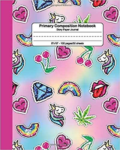 okumak Primary Composition Notebook: Cute Girly Handwriting Notebook with Dashed Mid-line and Drawing Space | Grades K-2, 100 Story Pages | Awesome Pixel Unicorn &amp; Diamond Print for Kids