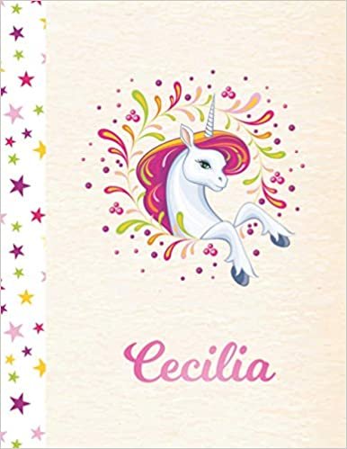 okumak Cecilia: Unicorn Personalized Custom K-2 Primary Handwriting Pink Blank Practice Paper for Girls, 8.5 x 11, Mid-Line Dashed Learn to Write Writing Pages