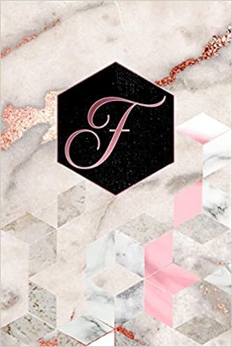 okumak F: Letter F Journal, Rose Gold Geometric on Marble, Personalized Notebook Monogram Initial, 6 x 9