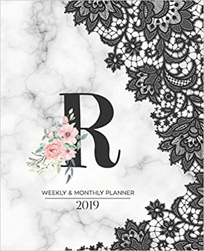okumak Weekly &amp; Monthly Planner 2019: Black Lace Monogram Letter R Marble with Pink Flowers (7.5 x 9.25”) Horizontal AT A GLANCE Personalized Planner for Women Moms Girls and School