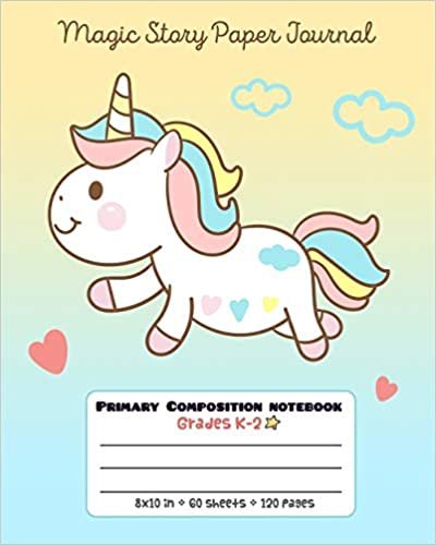 okumak Primary Composition Notebook Grades K-2 Magic Story Paper Journal: Picture drawing and Dash Mid Line hand writing paper - Blue Clouds Unicorn Design (Unicorn Magic Story Journal, Band 11)