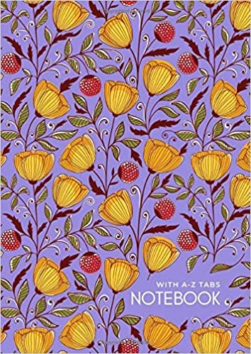 okumak Notebook with A-Z Tabs: A4 Lined-Journal Organizer Large with Alphabetical Sections Printed | Drawing Flower Berry Design Blue-Violet