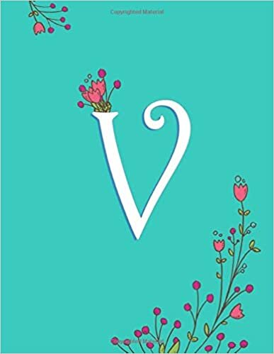 okumak V: Turquoise Monogram V Initial Blank Lined Journal – Pretty Pastel Floral Notebook For Women, Smooth Glossy Cover, 100 College Ruled Pages, 8.5x11” Extra Large Size