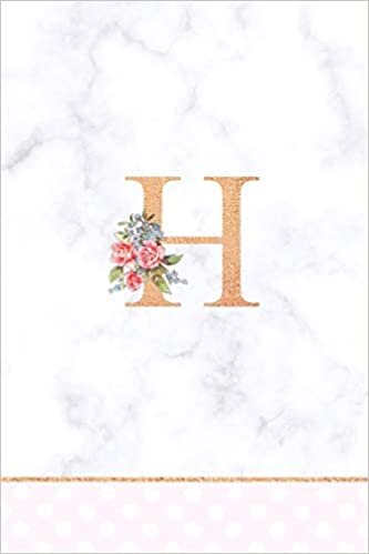 okumak H: Rose Gold Letter H Monogram Floral Journal, Pink Flowers on White Marble, Personal Name Initial Personalized Journal, 6x9 inch blank lined college ruled notebook diary, perfect bound, Soft Cover