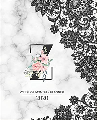 okumak Weekly &amp; Monthly Planner 2020 Z: Black Lace Marble Monogram Letter Z with Pink Flowers (7.5 x 9.25 in) Vertical at a glance Personalized Planner for Women Moms Girls and School