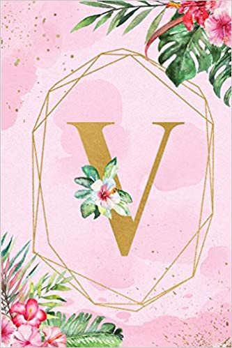 okumak V: Monogram Initial V Notebook for Women &amp; Girls, Pink Tropical Floral Journal to Write in, College Ruled Composition Notebook, 6 x 9 Blank Line Summer Beach Travel Gift Diary Note Book
