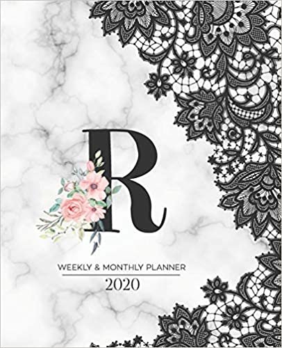 okumak Weekly &amp; Monthly Planner 2020 R: Black Lace Marble Monogram Letter R with Pink Flowers (7.5 x 9.25 in) Vertical at a glance Personalized Planner for Women Moms Girls and School