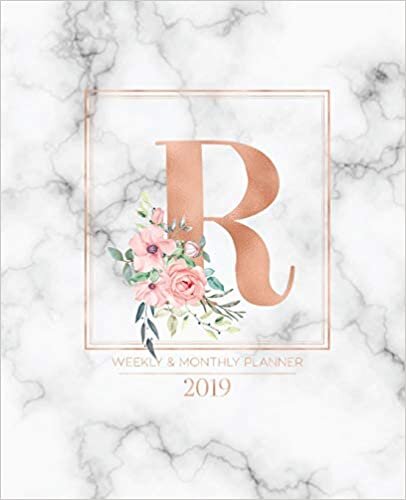 okumak Weekly &amp; Monthly Planner 2019: Rose Gold Monogram Letter R Marble with Pink Flowers (7.5 x 9.25”) Horizontal at a glance Personalized Planner for Women Moms Girls and School