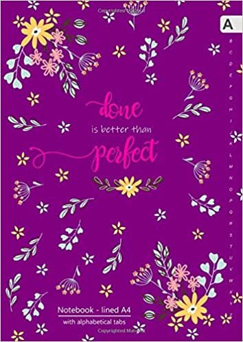 okumak Notebook with Alphabetical Tabs A4: Large Lined-Journal Organizer with A-Z Tabs Printed | Cute Floral Quote Design Purple