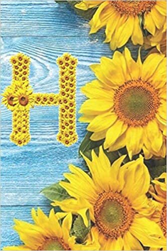 okumak H: Sunflower Personalized Initial Letter H Monogram Blank Lined Notebook,Journal and Diary with a Rustic Blue Wood Background