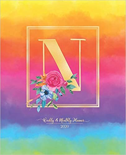 okumak Weekly &amp; Monthly Planner 2020 N: Rainbow Colorful Watercolor Monogram Letter N with Flowers (7.5 x 9.25 in) Horizontal at a glance Personalized Planner for Women Moms Girls and School