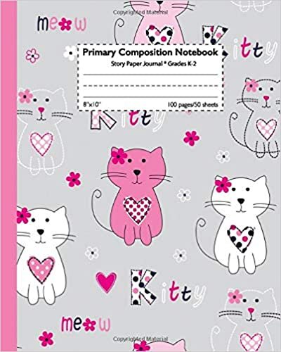 okumak Primary Composition Notebook: Pretty Kitty Handwriting Notebook with Dashed Mid-line and Drawing Space | Grades K-2, 100 Story Pages | Cute Doddle Cat Print for Girls