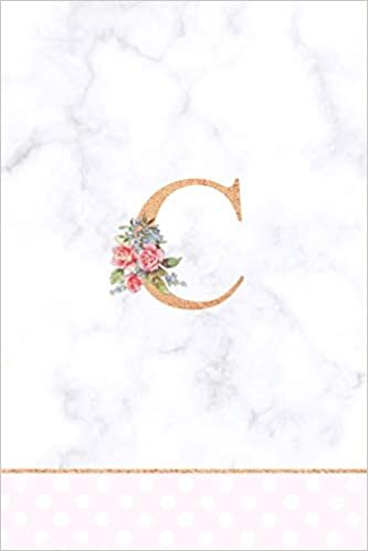 okumak C: Rose Gold Letter C Monogram Floral Journal, Pink Flowers on White Marble, Personal Name Initial Personalized Journal, 6x9 inch blank lined college ruled notebook diary, perfect bound, Soft Cover