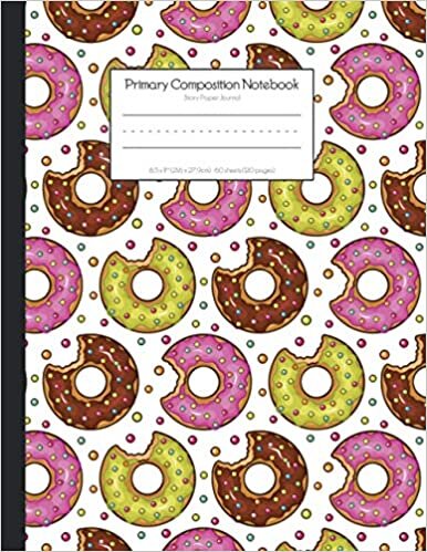 okumak Primary Composition Notebook: Fun donut pattern. 120 Page Story Paper Journal. Dotted midline writing paper and picture space School Exercise Book. Kids grade K - 2 School supplies.