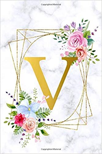 okumak V: Cute Name Initial Monogram Letter Notebook Journal. Pretty Personalized Lined Journal &amp; Diary for Writing &amp; Note Taking for Girls and Women - Grey Marble &amp; Gold Pink Blue Floral Print