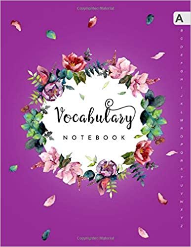 okumak Vocabulary Notebook: 8.5 x 11 Notebook 3 Columns Large | A-Z Alphabetical Sections | Botanical Wild Flower Wreath Design Purple
