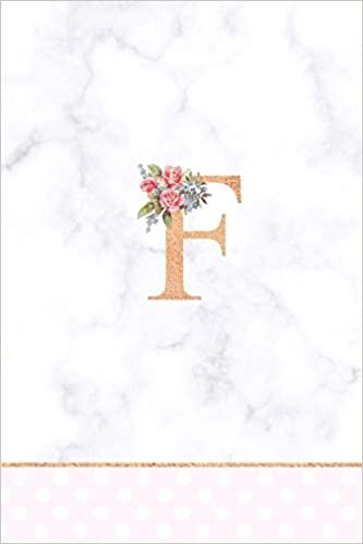 okumak F: Rose Gold Letter F Monogram Floral Journal, Pink Flowers on White Marble, Personal Name Initial Personalized Journal, 6x9 inch blank lined college ruled notebook diary, perfect bound, Soft Cover