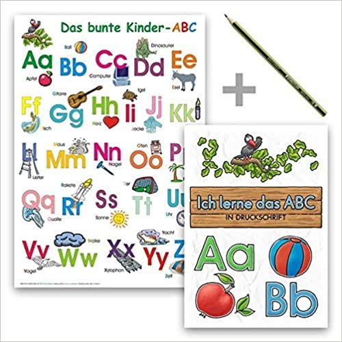 okumak Das bunte Kinder-ABC - Set in Druckschrift: Lernposter DINA 4 laminiert + Schreiblernheft DINA 5 auf 120g/m² Zeichenkarton + Staedler Bleistift
