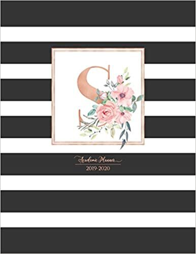 okumak Academic Planner 2019-2020: Black and White Stripes Rose Gold Monogram Letter S with Pink Flowers Striped Academic Planner July 2019 - June 2020 for Students, Moms and Teachers (School and College)