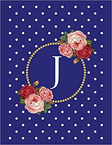 okumak Navy Blue and White Polka Dot Vintage Floral Monogram Journal with Letter J