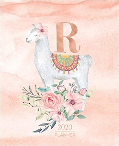 okumak 2020 Planner R: Llama Rose Gold Monogram Letter R with Pink Flowers (7.5 x 9.25 in) Vertical at a glance Personalized Planner for Women Moms Girls and School