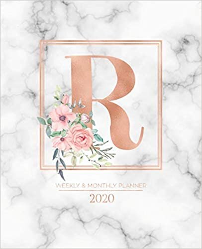 okumak Weekly &amp; Monthly Planner 2020 R: Rose Gold Marble Monogram Letter R with Pink Flowers (7.5 x 9.25 in) Horizontal at a glance Personalized Planner for Women Moms Girls and School
